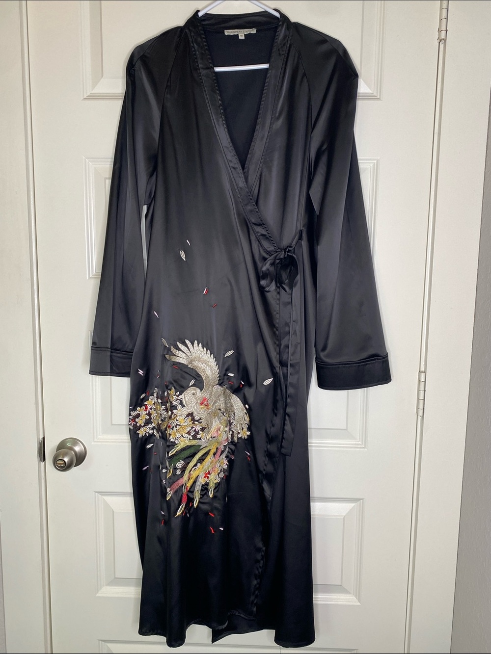 Black Satin Wrap Robe with Embroidered Crane